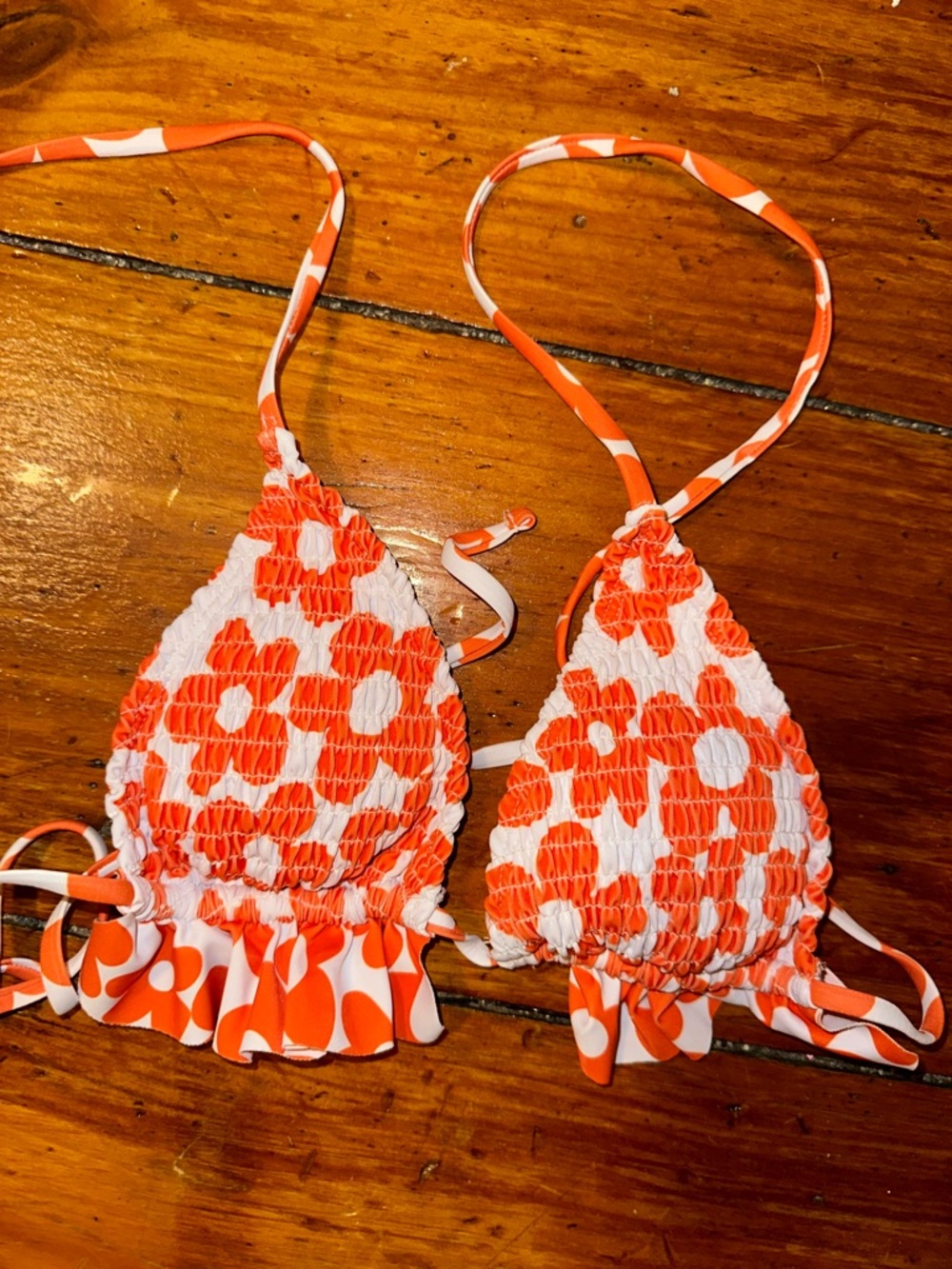 Orange Floral Ruffle Triangle Bikini Top